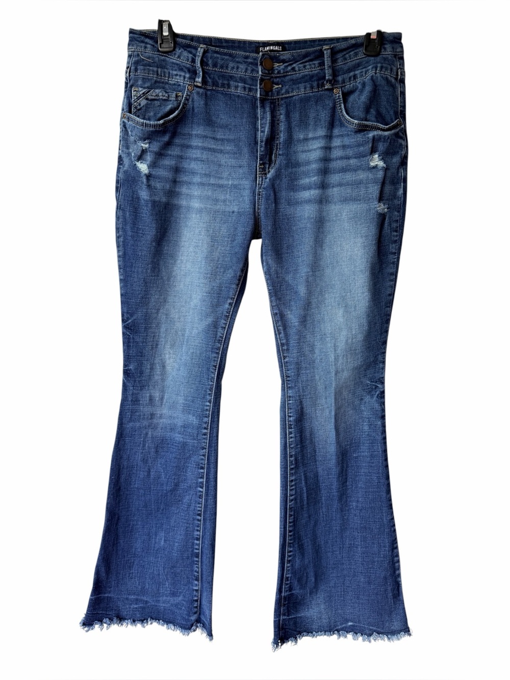 Flamingo XL Distressed Flare Jeans – Stretch Denim Raw Hem Double Button